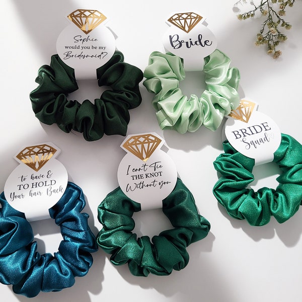 Emerald Green Bachelorette Scrunchie/Bridesmaid proposal gift/bridal party favor/personalized/diamond  shape cards / soft satin/ handmade