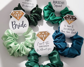 Emerald Green Bachelorette Scrunchie/Bridesmaid proposal gift/bridal party favor/personalized/diamond  shape cards / soft satin/ handmade