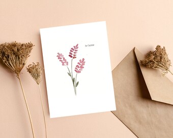 Carte souhait Je t'aime, mots doux, carte anniversaire francophone, fait au Québec, illustration carte aquarelle