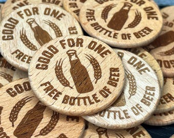 Engraved Wood Beer Tokens (Pack of 25) - Beer Bottle Design - Free Drink Chips for Weddings, Groomsmen, or Bar Promotions