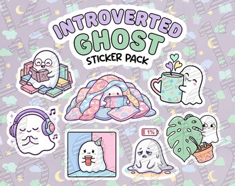 Introverted Ghost Sticker Pack | Cozy Kawaii Aesthetic Decals | Relatable Social Anxiety Homebody Stickers for Laptop & Journal | 7 Pc Set
