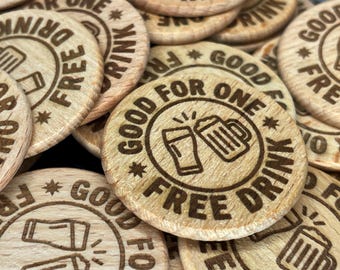 Engraved Wood Drink Tokens (Pack of 25) - Clinking Glasses Design - Free Drink Chips for Weddings, Corporate Events, and Bar Promotions