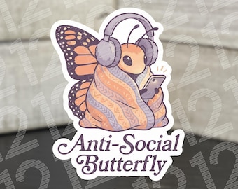 Anti-Social Butterfly Sticker | Introvert Vinyl Decal | Funny Mental Health Gift | Cozy Aesthetic Laptop Sticker | Waterproof