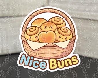 Nice Buns Sticker | Kawaii Food Vinyl Decal | Funny Baking Gift | Cute Bread Pun Laptop Sticker | Waterproof Pastel Art