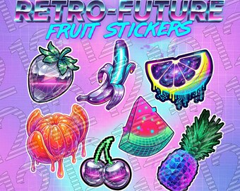 Retro-Future Fruit Sticker Sheet | Synthwave Aesthetic | Glitch Art & Cyberpunk Decals | Waterproof Vinyl Stickers | 7 Stickers