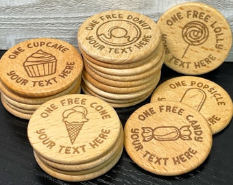 Personalized Free Sweet Treat Wood Tokens | Ice Cream Cone, Cupcake, Donut, Lollipop, Popsicle, Candy, Cotton Candy
