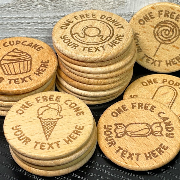 Personalized Free Sweet Treat Wood Tokens | Ice Cream Cone, Cupcake, Donut, Lollipop, Popsicle, Candy, Cotton Candy