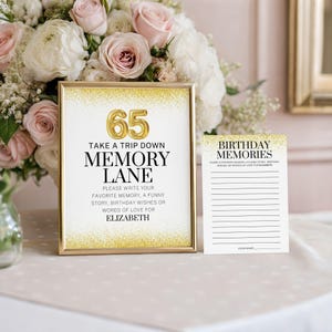 Gold Birthday Memory Lane Sign and Cards Set, Milestone Birthday Guest Book Alternative, Share a Favorite Memory 8x10 Sign and 25 5x7 Cards