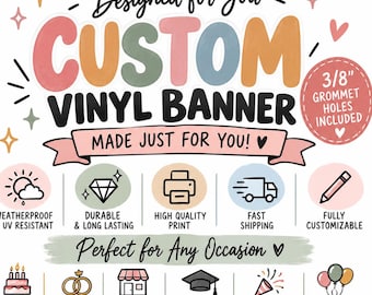 Striscione personalizzato in vinile / Cartello impermeabile per esterni / Per aziende, eventi, matrimoni e compleanni