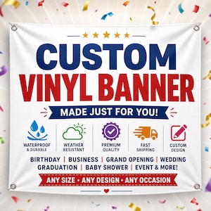 Striscione personalizzato in vinile / Cartello impermeabile per esterni / Per aziende, eventi, matrimoni e compleanni