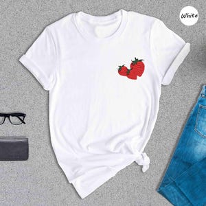 Strawberry Pocket Shirt, Cottagecore Fruit Tee, Cute Summer T-Shirt, Gift for Her
