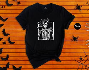 Coffee And Skull Halloween Shirt - Unisex Fall Skeleton Tee - Soft Preshrunk Cotton, Eco Friendly, Casual Seasonal Wear