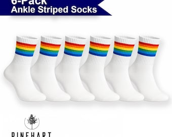 Pack de calcetines Pride: Rayas arcoíris retro - Mezcla de algodón suave, textura acanalada, estilo unisex para uso diario (paquete de 6)