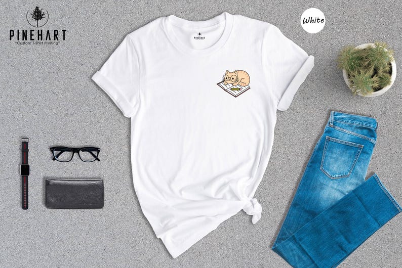 Cat And Book Lover Shirt, Sleeping Cat On Book Pocket Print, Cute Reading Cat Tee, Gift For Cat Moms And Bookworms, Unisex T-Shirt image 5