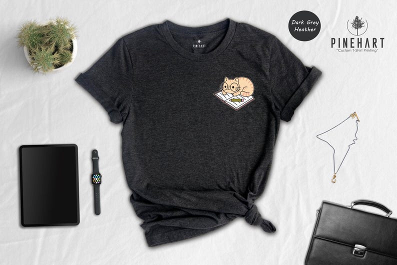 Cat And Book Lover Shirt, Sleeping Cat On Book Pocket Print, Cute Reading Cat Tee, Gift For Cat Moms And Bookworms, Unisex T-Shirt image 1