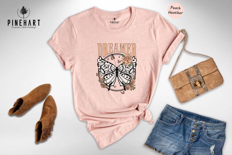 Retro Boho Dreamer Vintage Butterfly Tee: Eco Cotton Blend, Comfort Fit | Digital Ink Print, Casual Everyday Wear image 6