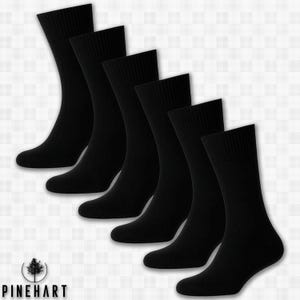 May include: Six pairs of black crew socks arranged in a diagonal row. The socks are made of a ribbed knit material and have a solid black color. The brand logo, a tree inside a circle, is in the bottom left corner.