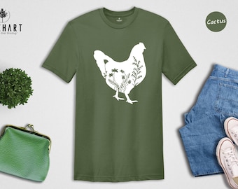 Floral Chicken Shirt, Farm Girl Tee, Botanical Hen Silhouette, Chicken Mom Gift, Country Animal Lover Shirt