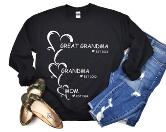 Great Grandma Mom Heart Sweatshirt, Generation Est Date Shirt, Personalized Custom Name Family Gift