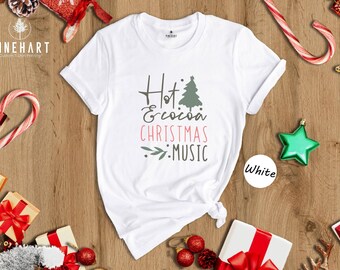 Hot Cocoa Christmas Music Shirt, Cute Holiday Graphic Tee, Retro Christmas Tree Shirt, Womens Xmas Gift Shirt