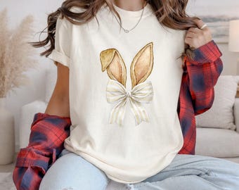 Comfort Colors™ Bunny Ears Bow Shirt, Coquette Easter Tee, Watercolor Rabbit Ears Design, Pastel Spring Shirt for Women, Cute Easter Gift