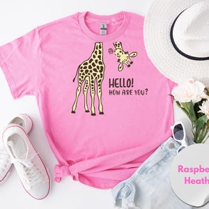A pink t-shirt with a giraffe and the text "Hello! How Are You?" printed on it, along with a white hat, sunglasses, and a pair of white sneakers. There are also some flowers and a white circular sticker with the text "Raspberry Heather" on the right side of the image.