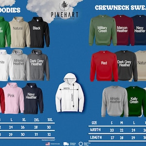 a collection of hoodies and crew neck sweaters in various colors and sizes, along with their corresponding measurements.