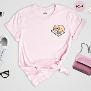 Cat And Book Lover Shirt, Sleeping Cat On Book Pocket Print, Cute Reading Cat Tee, Gift For Cat Moms And Bookworms, Unisex T-Shirt image 4