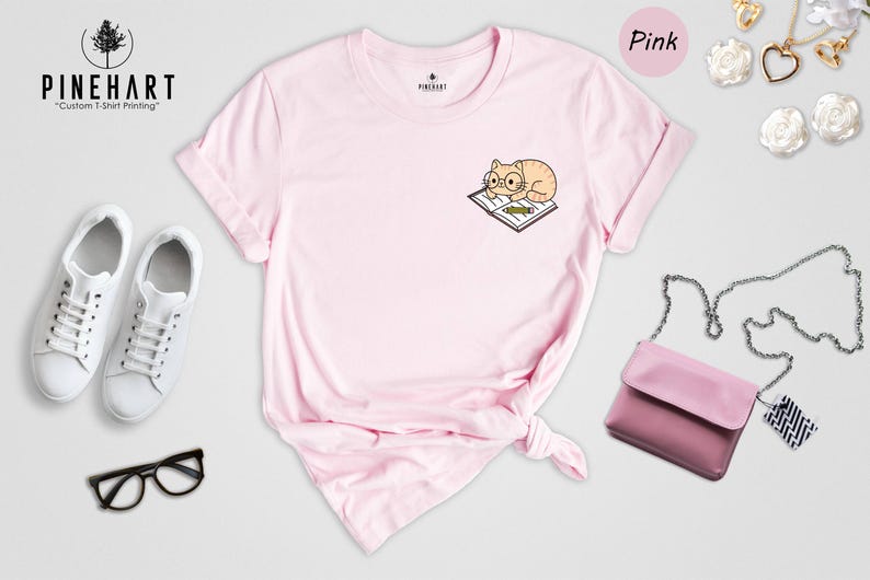 Cat And Book Lover Shirt, Sleeping Cat On Book Pocket Print, Cute Reading Cat Tee, Gift For Cat Moms And Bookworms, Unisex T-Shirt image 4