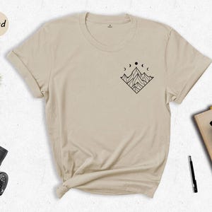 Moon Phases Mountain Shirt, Minimalist Nature Tee, Celestial Hiking Gift, Small Chest Design