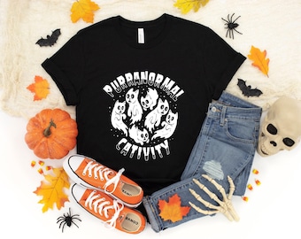 Ghost Cat Halloween Shirt - Funny Purranormal Tee - Soft Ringspun Cotton, Eco Friendly, Unisex S-XXL