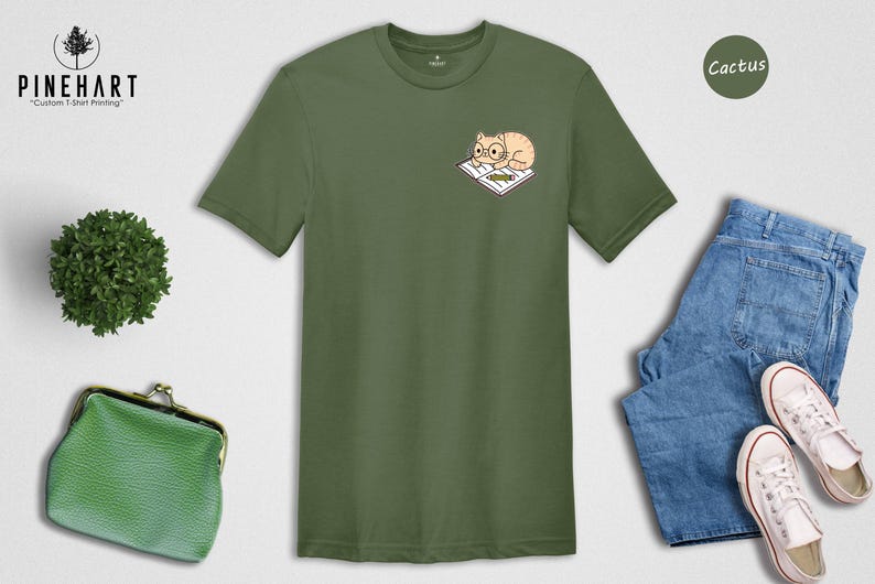 Cat And Book Lover Shirt, Sleeping Cat On Book Pocket Print, Cute Reading Cat Tee, Gift For Cat Moms And Bookworms, Unisex T-Shirt image 6