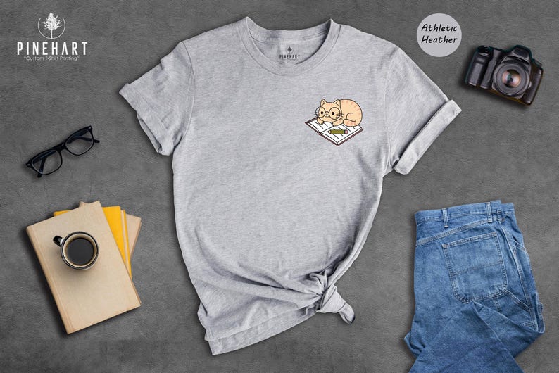 Cat And Book Lover Shirt, Sleeping Cat On Book Pocket Print, Cute Reading Cat Tee, Gift For Cat Moms And Bookworms, Unisex T-Shirt image 7