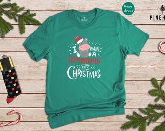 I Want A Hippopotamus For Christmas Shirt, Funny Hippo Xmas Tee, Cute Holiday Gift Shirt for Kids Women, Retro Christmas Song Tee