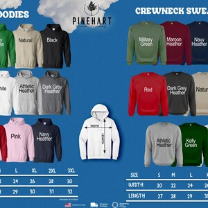 a collection of hoodies and crew neck sweaters in various colors and sizes, along with their corresponding measurements.