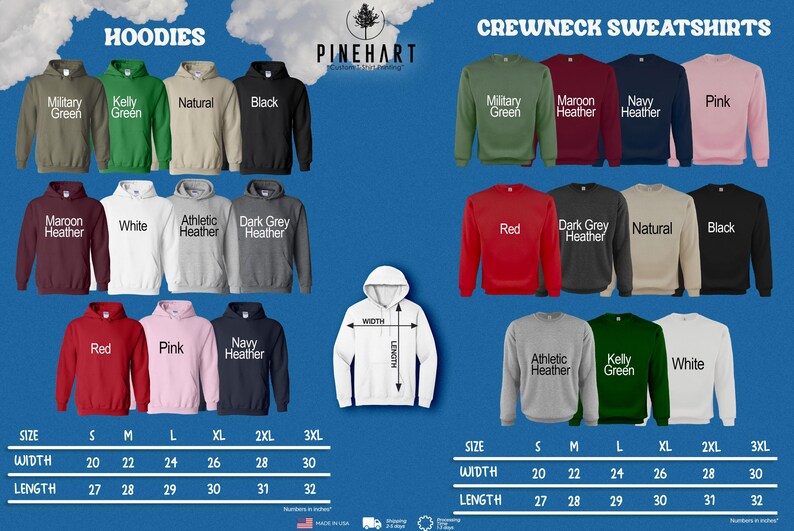 a collection of hoodies and crew neck sweaters in various colors and sizes, along with their corresponding measurements.