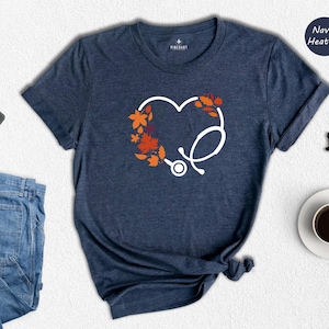 Autumn Heart Stethoscope Nurse Shirt, Fall Leaves Nurse Gift Tee, Thanksgiving Healthcare Shirt