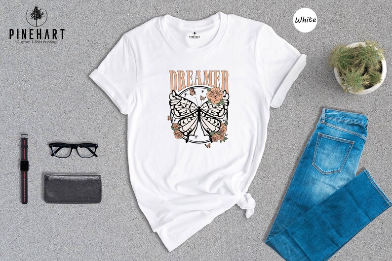 Retro Boho Dreamer Vintage Butterfly Tee: Eco Cotton Blend, Comfort Fit | Digital Ink Print, Casual Everyday Wear image 2