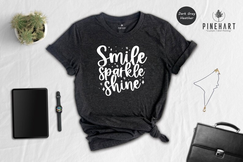 Smile Sparkle Shine Positive Quote Tee, Motivational Graphic, Bright Colors (Unisex S-XXL, Soft Cotton Blend, Eco Print) image 2