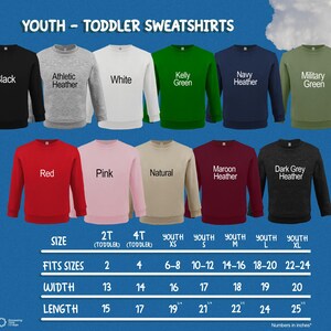 a collection of youth and toddler sweatshirts in various colors and sizes, arranged in a grid format.