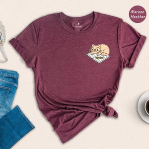 Cat And Book Lover Shirt, Sleeping Cat On Book Pocket Print, Cute Reading Cat Tee, Gift For Cat Moms And Bookworms, Unisex T-Shirt image 2