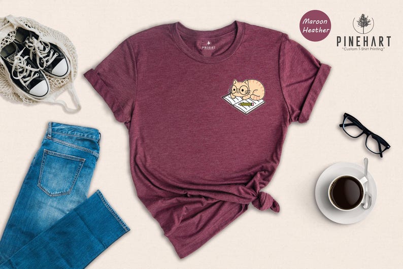 Cat And Book Lover Shirt, Sleeping Cat On Book Pocket Print, Cute Reading Cat Tee, Gift For Cat Moms And Bookworms, Unisex T-Shirt image 2