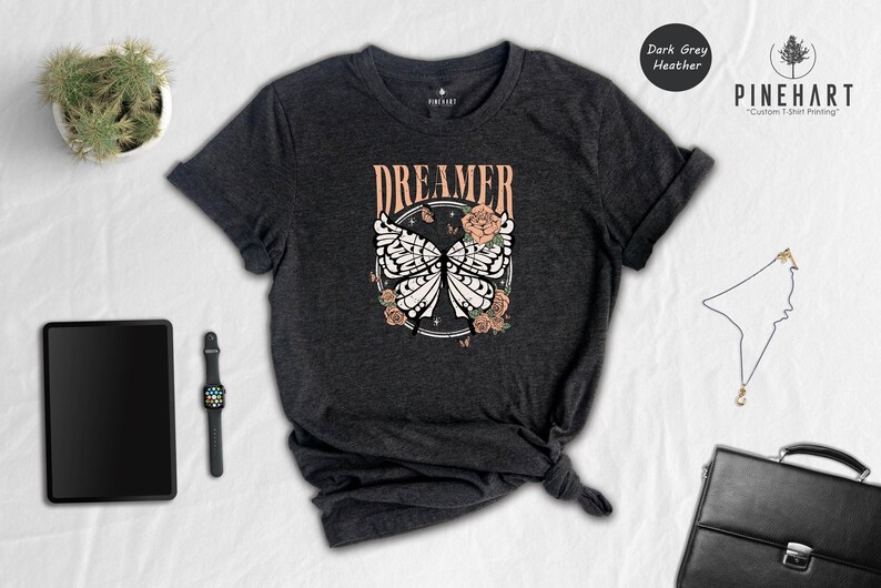 Retro Boho Dreamer Vintage Butterfly Tee: Eco Cotton Blend, Comfort Fit | Digital Ink Print, Casual Everyday Wear image 1