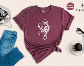 Skeleton Hugging Cat Shirt, Funny Halloween Graphic Tee, Cat Mom Dad Gift, Spooky Cute Cat Lover Shirt