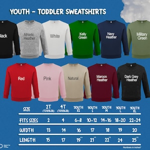 a collection of youth and toddler sweatshirts in various colors and sizes, arranged in a grid format.