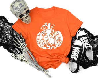 Halloween Tee Cozy Floral Pumpkin Shirt: Autumn Layering Wear, Soft Ringspun Cotton (Comfort Fit, XS-XXL)