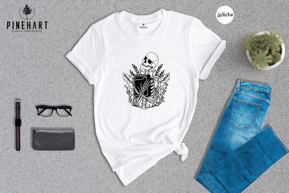 Halloween Book Lover Tee: Spooky Skeleton Graphic - Eco Friendly Cotton, Casual Reading Shirt for Novel Fans