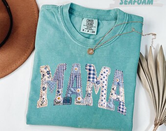Comfort Colors™ Mama Blue Patchwork Floral Shirt, Toile Gingham