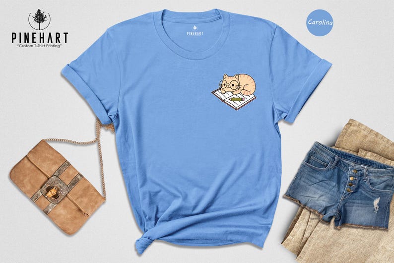 Cat And Book Lover Shirt, Sleeping Cat On Book Pocket Print, Cute Reading Cat Tee, Gift For Cat Moms And Bookworms, Unisex T-Shirt image 3