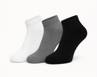 Men's Ankle Socks 3-Pack, Cotton Blend No-Show Low Cut Socks, White Gray Black Everyday Basics, Comfy Sporty Gift for Him